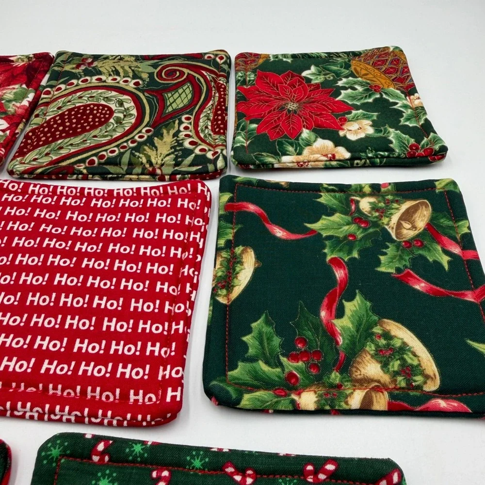 Christmas Fabric Coasters Set of 8 Handmade Quilted Poinsettia Holiday Custom